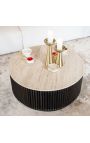 HENRY coffee table in black wood and top in beige travertine - Ø 90 cm