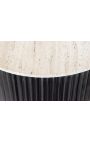 HENRY coffee table in black wood and top in beige travertine - Ø 90 cm