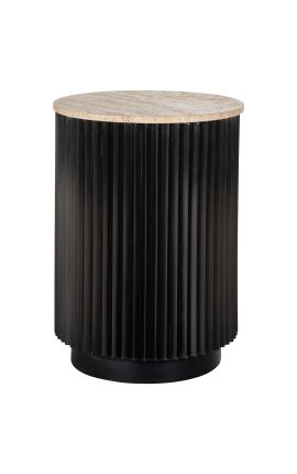 HENRY side table in black wood and top in beige travertine