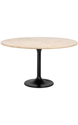 Mesa de jantar redonda HENRY em metal preto e top travertine bege - 140 cm