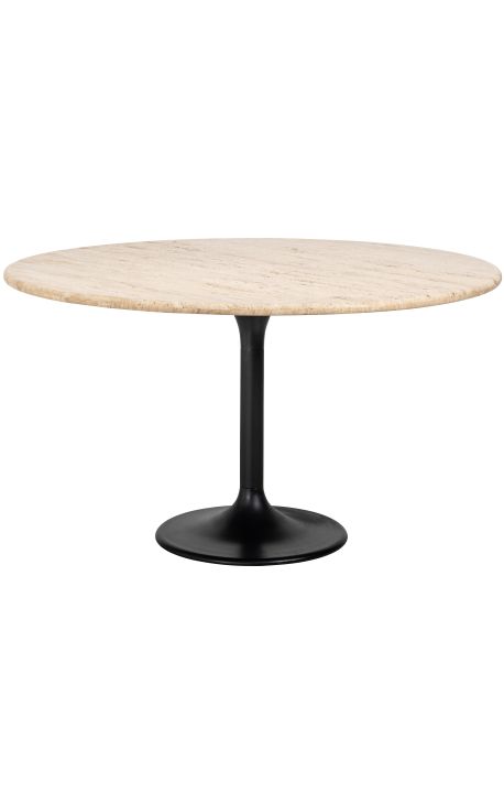 Masa rotundă HENRY în metal negru şi travertin beige - 140 cm