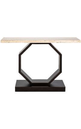 OSIS console in black wood, metal and top in beige travertine