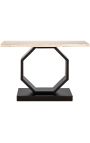 OSIS console in black wood, metal and top in beige travertine