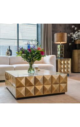 GLASTON coffee table in brushed golden brass with geometric shapes