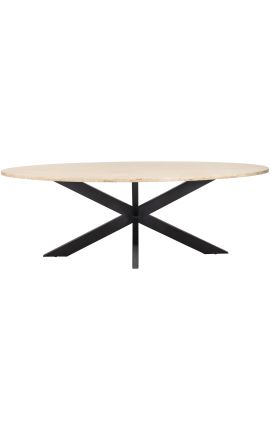 Table de repas ovale OSIS en métal bronze et travertin beige - 230 cm