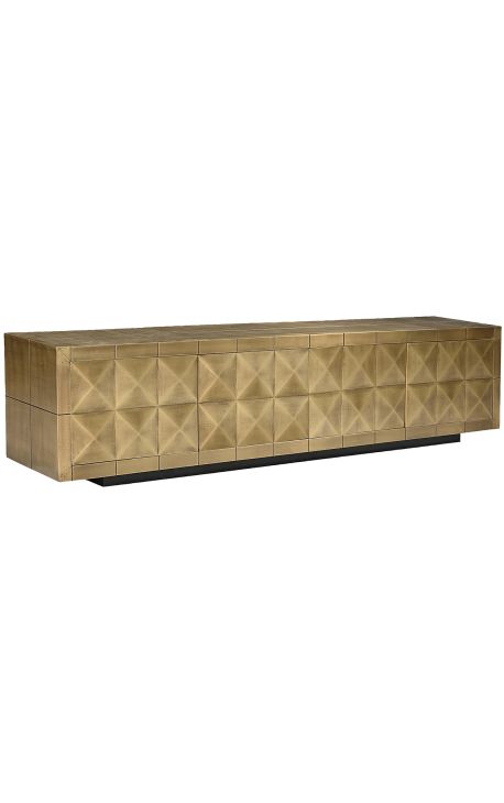 GLASTON TV cabinet in brushed brass with geometric shapes - 220 cm