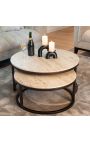 Set of 2 OSIS coffee tables in bronze metal and beige travertine top