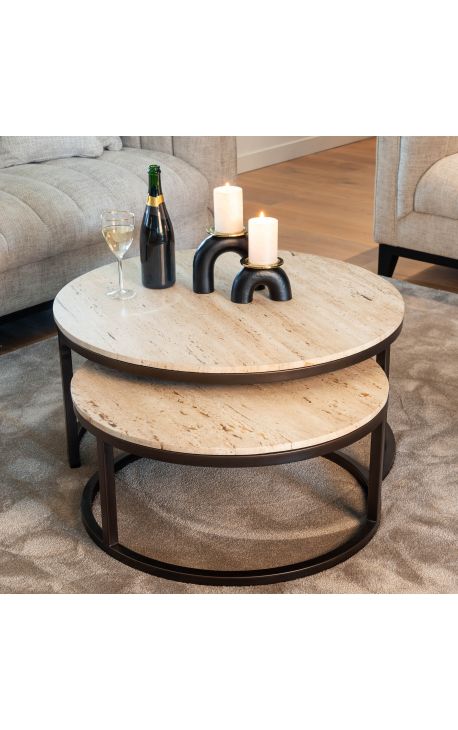 Set of 2 OSIS coffee tables in bronze metal and beige travertine top