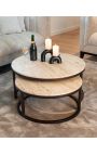 Set of 2 OSIS coffee tables in bronze metal and beige travertine top