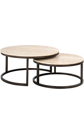 Conjunto de 2 mesas de café OSIS en metal de bronce y top de travertino beige