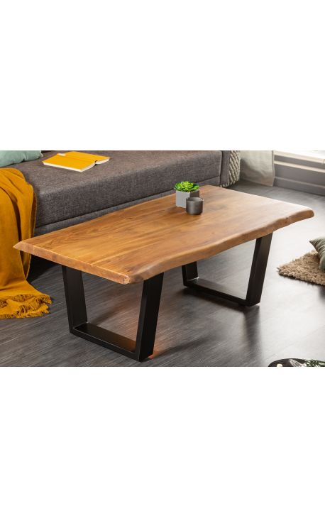 ARGES acacia coffee table with black metal base - 110 cm