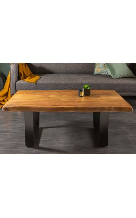 ARGES acacia coffee table with black metal base - 110 cm