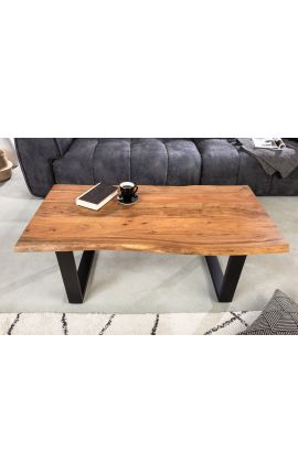 ARGES acacia coffee table with black metal base - 120 cm