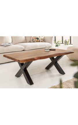 Gery acacia coffee table with black metal base - 110 cm