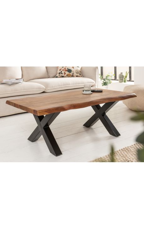 Gery acacia coffee table with black metal base - 110 cm