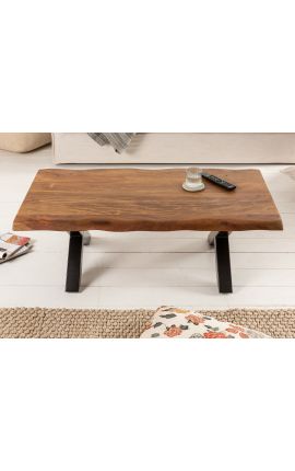 Mesa de café Gery Acacia con base de metal negro - 110 cm