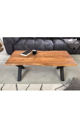 Gery acacia coffee table with black metal base - 120 cm - 25mm