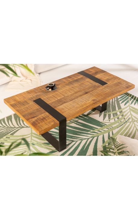 Table basse en manguier HIMA avec piètement en métal noir - 100 cm