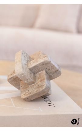 Contemporary sculpture with geometric shapes in beige travertine