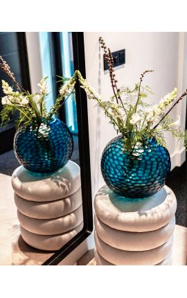 Very large round vase &quot;Mado&quot; in blue glass with geometric facets