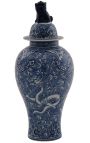 Decoratieve urn-type vase "Draak" in blauw emaleerde keramiek, medium model