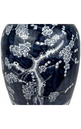 Cylindrical pot &quot;Tree of life&quot; in enamelled blue ceramic - Size L