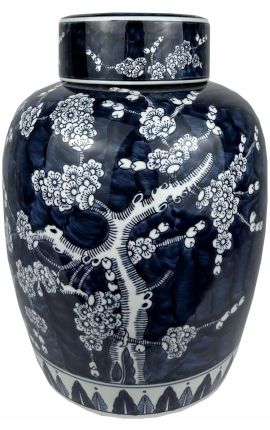 Cylindrical pot "Tree of life" in enamelled blue ceramic - Size L