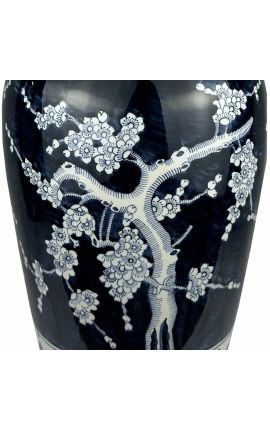 Pot cylindrique &quot;Arbre de vie&quot; en céramique bleu émaillé - Taille XL