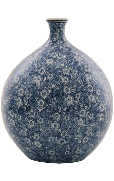 Large "Bleu Floral" round vase in enamelled blue ceramic