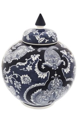 Vase tipo urna decorativa de cerámica azul esmaltada redonda