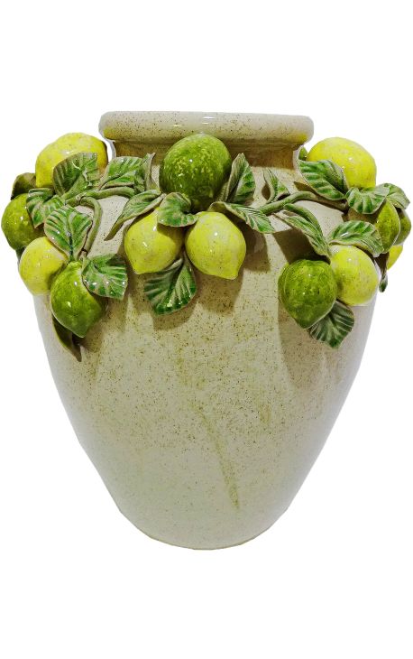 Vase au décor de citrons vert et jaunes en porcelaine émaillé