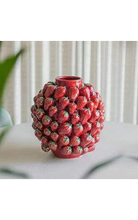 Round vase with strawberry decoration in enamelled porcelain