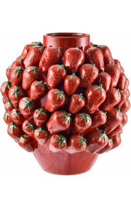 Round vase with strawberry decoration in enamelled porcelain