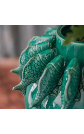 Large green vase with fish decoration in enamelled porcelain