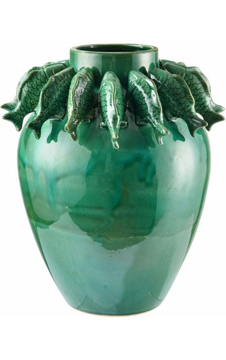 Large green vase with fish decoration in enamelled porcelain