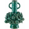 Large green vase with shell decoration enamelled porcelain with handles