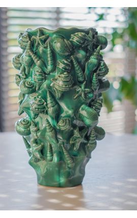 Large green vase with shell decoration in enamelled porcelain