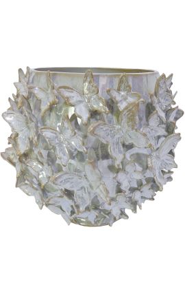 Vase nacré au décor de papillons en porcelaine émaillé