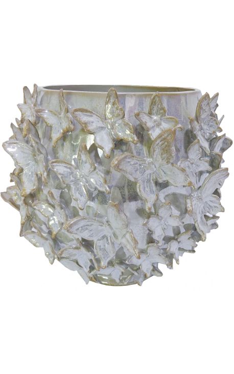 Pearly vase decorated with butterflies in enamelled porcelain