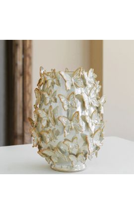 Vase cylindrique nacré au décor de papillons en porcelaine émaillé