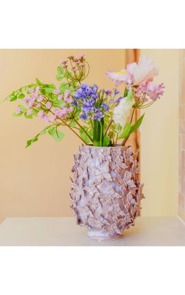 Pink pearly cylindrical vase decorated with butterflies in enamelled porcelain