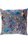 Large square cushion in cotton pattern of birds on a grey background 60 x 60