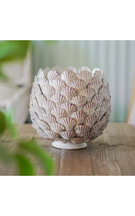 Round beige vase with shell decoration in enamelled porcelain