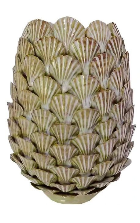 Cylindrical beige vase with shell decoration in enamelled porcelain