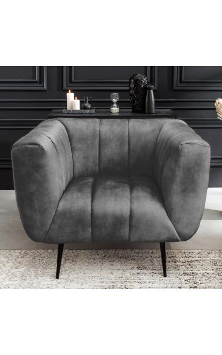 Fauteuil LETO en velours gris foncé avec pieds noirs