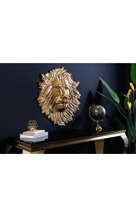 Grande décoration murale visage de lion en aluminium doré - 60 cm