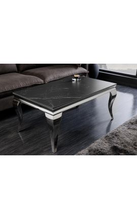 Table basse baroque moderne en acier argenté et plateau céramique noir