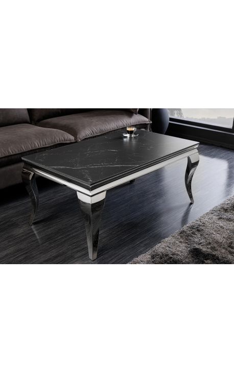 Table basse baroque moderne en acier argenté et plateau céramique noir