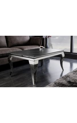 Table basse baroque moderne en acier argenté et plateau céramique noir