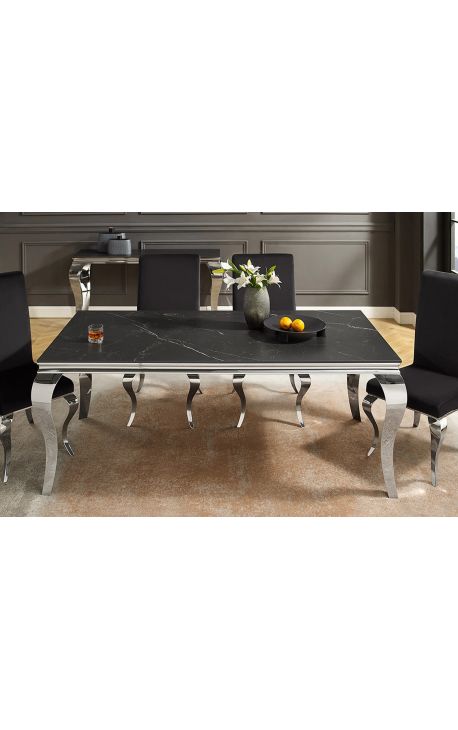 Modern baroque steel dining table silver, top ceramic black 180cm